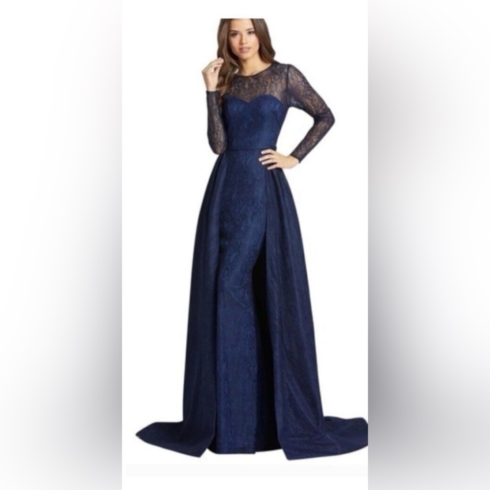 Mac Duggal Navy Long Sleeve Lace Gown